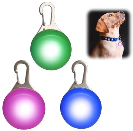 Funver Dog Collar Lights for Night Walking, 3 Pack Flashing Dog Collar Light, Clip-On Waterproof Pet Safety Light for Running, Camping, Hiking - Blue, Pink, Green (Button Cell Version)