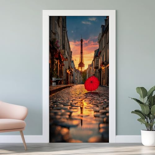 3D Eiffelturm Paris Türfolie, Rote Regenschirm Fototapete Selbstklebend Türaufkleber, 77x200 cm, Frankreich Straße PVC Wandaufkleber für Schlafzimmer Küche Wohnzimmer Badezimmer Deko W4v71