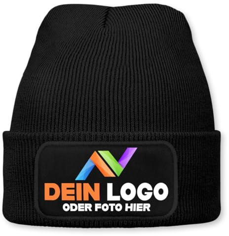 Wintermütze mit Logo personalisiert – Beanie individuell mit Wunschlogo, Text oder Foto | Strickmütze Unisex für Damen & Herren | Perfekt als Mitarbeitergeschenk, Firmengeschenk & Wintergeschenk
