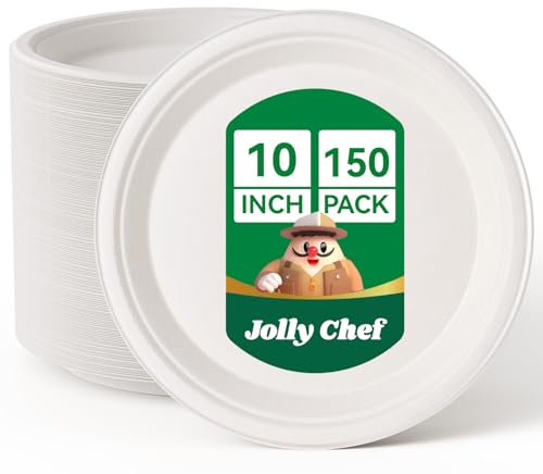 JOLLY CHEF 150 Pack 10 Inch Strong Disposable Bagasse Plates White | Compostable Biodegradable Bagasse Plates, Heavy-Duty Sugarcane Plates for Party & Dinner