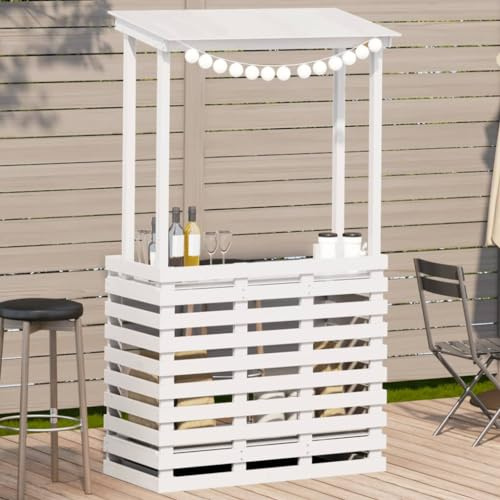 Refined Gartenbar Gartentheke Ablage Bartisch Stehtisch Tresentisch für Garten Theke Bar Tresen Gartenmöbel mit Dach Weiß 112,5x57x195,5 cm Massivholz Kiefer