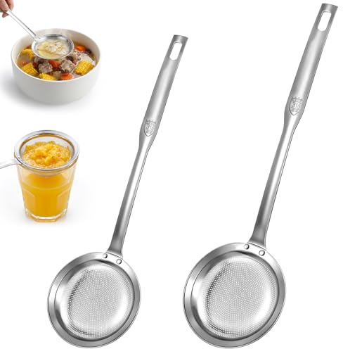 Paquete de 2 cucharas espumadoras de grasa, colador de metal, malla fina, grande, pequeño, de acero inoxidable, colador de sopa, espumador, utensilio de cocina para espumadores de aceite, cuchara