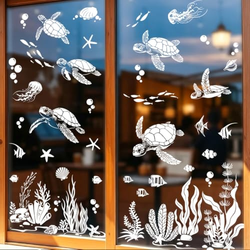 Supzone Pegatinas de Ventana Blanco Animales Océano Vinilo para Cristales | Verano Tortuga Peces Alga Anticolisión Pájaro Vinilo Doble Cara No Adhesivo de Pegatina para Vidrio Ventana Espejo Decoración