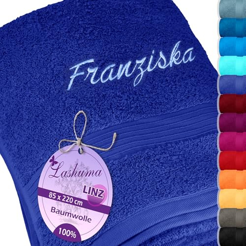 Lashuma Saunatuch Bestickt mit Namen Blau - Königsblau, Linz Badetuch personalisiert 70x200 cm