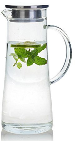GuDoQi Jarra Agua, Jarra de Vidrio 1.4 Litros, Jarra de Borosilicato con Tapa y Mango, Botella de Vidrio para Jugos, Leche, Bebidas Frías o Calientes
