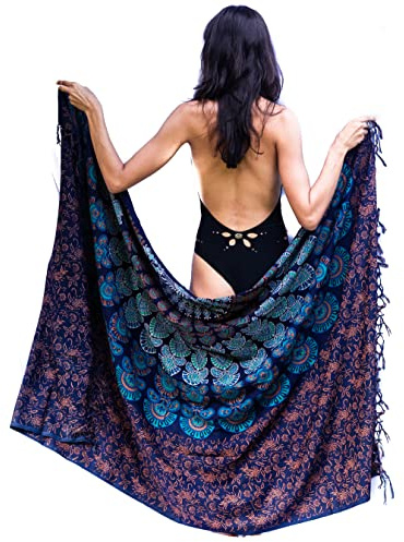 Mandala Life ART Blauer Damen Sarong Pareo Mit Fringe Hochwertiger Rayon Groß Strand Strandtuch Wickeltuch Wickelrock Strandrock Tapisserie Wickeltuch Bikini Cover Up Tuch Für Badeanzug