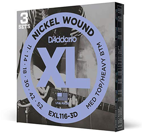 D'Addario Gitarrsträngar - XL Nickel Strings för elgitarr - EXL116-3D - Perfekt intonation, jämn känsla, pålitlig hållbarhet - För 6-strängade gitarrer - 11-52 Medium Top/Heavy Bottom, 3-Packning