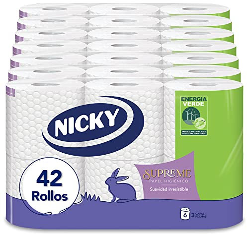 Nicky Supreme Papel Higiénico - 42 Rollos de 3 Capas, 160 Servicios por Rollo, Suavidad Irresistible, Envase abre fácil, Papel 100% certificado FSC