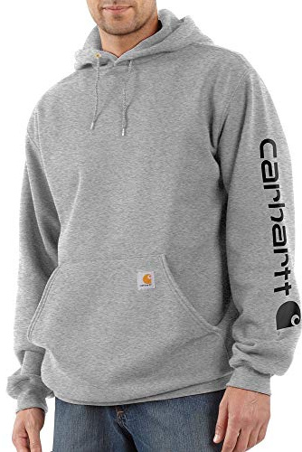 Carhartt Lös passform för män, medeltung logotyp, kortärmad grafisk tröja med huva, Gråmelerad/svart, XXL