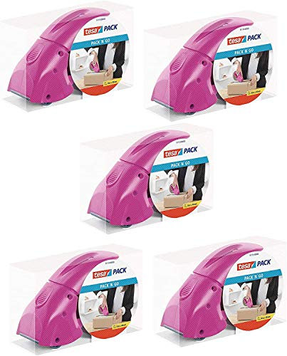 tesapack Abroller Pack' n' Go - Ergonomischer, pinker Handabroller für Paketbänder - Inklusive 50 m x 48 mm Klebeband (5 Abroller)