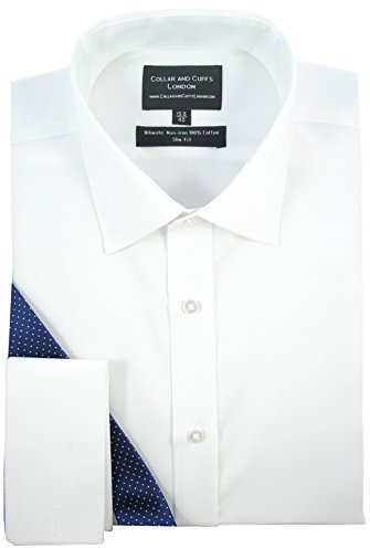 COLLAR AND CUFFS LONDON - Infroissable ultime - 100 % pur coton de qualité supérieure - Coupe ajustée - Double manchette ou manchette simple - Manches longues - Chemise blanche pour homme - Motif uni