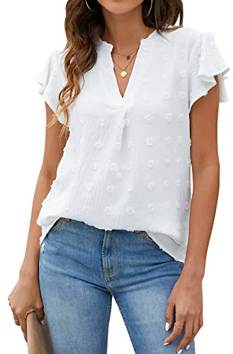 Blooming Jelly Womens White Blouse V Neck Ruffle Sleeve Flowy Shirts Dressy Casual Cute Summer Tops(Large, White)