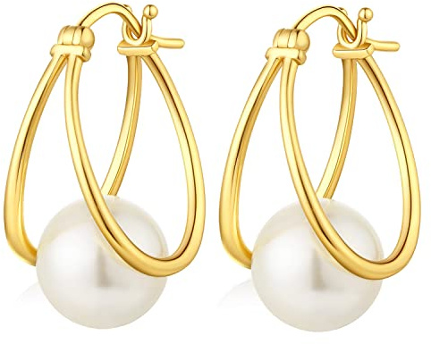 JiaYang Damen Perle Reif-Ohrringe Sterling Silber 925 mit 18K Gelbgold Vergoldet Perlenohrring Hängend Ohrhänger