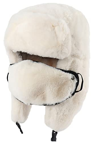 SJASD Unisex Wintermütze Fliegermütze Trappermütze Russenmütze Warme Baumwolle Bomber Hut Ushanka Hut Pilotenmütze mit Ohrenklappen,Weiß,L(56~60cm)