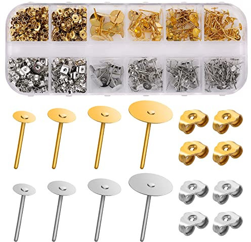 Aster 400 Stück Ohrstecker Rohlinge Edelstahl Ohrringe Stopper Pfosten Flat Pad, 4 Größe 4/5/6/8 mm Flache Runde Metall Ohrstecker mit Ohrring Rücken für DIY Schmuckherstellung