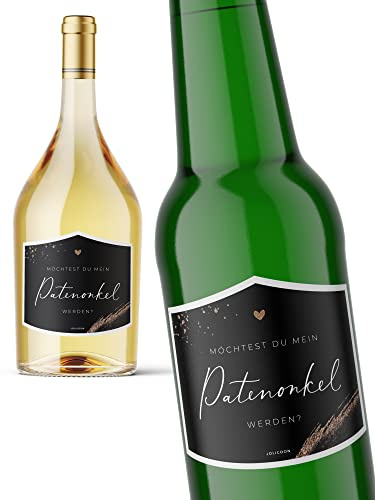 JoliCoon Flaschenetikett Patenonkel fragen, 9,3x7,8cm | Strukturiertes Perlmuttpapier, selbstklebend, zuverlässige Haftung, für Wein-, Sekt-, Prosecco- und Geschenkflaschen