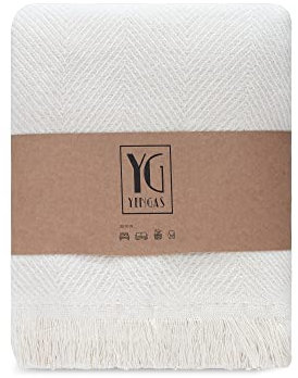 YENGAS Tagesdecke XL, 150 x 200 cm, Große Wohndecke, Couchdecke, Überwurf Decke für Sofa & Bett, Allrounderdecke, 85% Baumwolle & 15% Recyceltes Polyester, Natural Cotton, Fischgrät