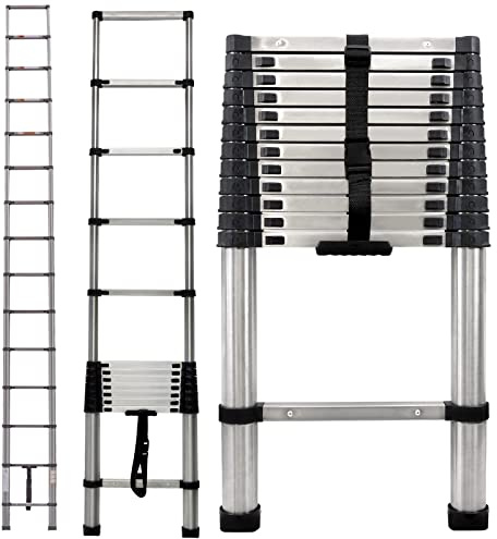 Telescopic Ladder 3.8M, Portable Attic Ladders, Heavy Duty Steel Telescoping Folding Step Ladder, Warehouse Extension Ladder with Rubber Foot Pads, Foldable Engineering Ladder for Window Cleaning