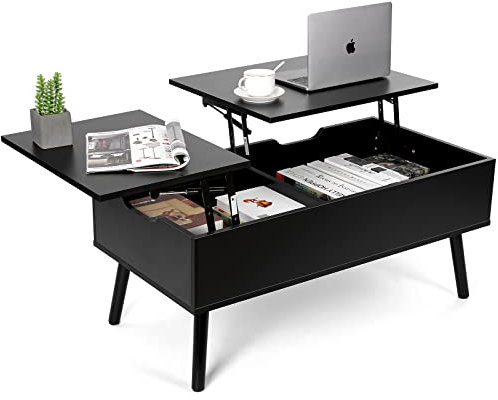 VOWNER Couchtisch, Höhenverstellbarer Couchtisch, Ausziehbarer, Versenkbarer Couchtisch, Separates Verstecktes Ablagefach, Doppelte Hubplatte, Wohnzimmertisch, Schwarz