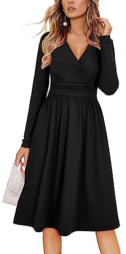 OUGES Women's Fall Long Sleeve V Neck Black Wedding Guest Dress with Pockets Ladies Midi Dress for Winter(Black,XL)