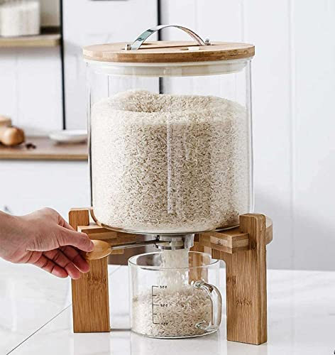 Rice Dispenser and Cereal Container - Keep Your Kitchen Organized with Airtight Glass Storage and Wooden Stand - Available in 5L/8L, Ideal for Flour and Cereal - Convenient Kitchen Solution