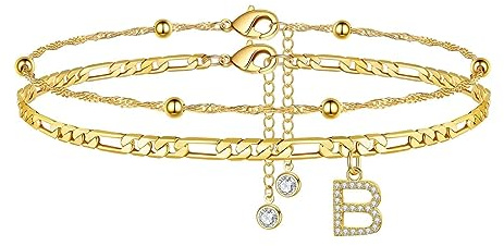 TINGN Fussketten für frauen, Silber 14k Vergoldet Fußkettchen für Damen Fußkettchen mit A-Z Buchstaben Doppelte Fußkette Verstellbar Geschenk für Sommer Tochter Freund Schwester Geschenk
