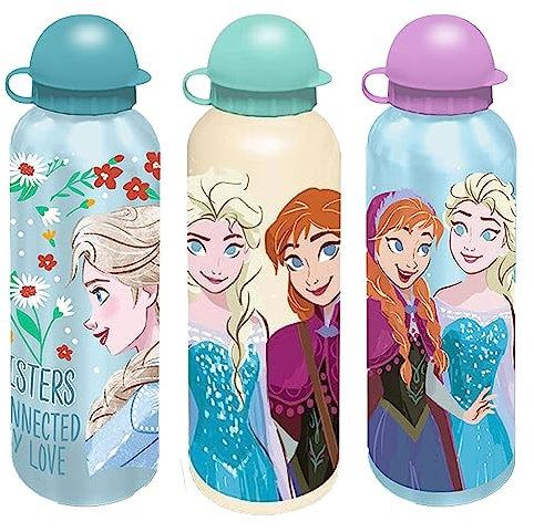 HOVUK Frozen 3 Stück türkis-, aqua- und hellgoldene Aluminium-Wasserflaschen, 500 ml, auslaufsichere und ungiftige Wasserflasche, BPA-freie Trinkflasche, Reise- und Schulgeschenk, 21 cm Sportflasche