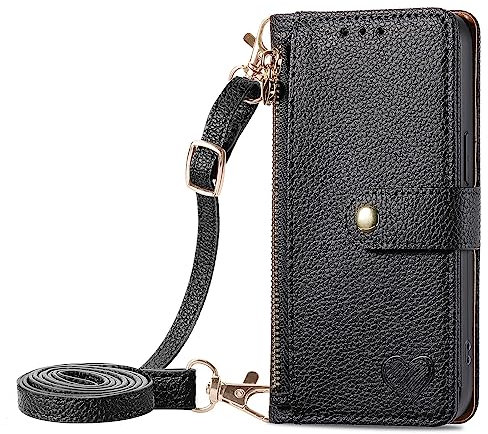 VQWQ Flip Case Compatible with iPhone 13 Pro 6.1 - Adjustable Crossbody Lanyard Zipper Cash Pocket Wallet Leather Case Card Holder Stand Metal Close Cover for iPhone 13 Pro 6.1 [AX] -Black