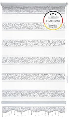 Brillant Doppelrollo Klemmfix ohne Bohren Weiß Silber, 50x200cm (BxH), Stoffbreite 46 cm, mit Muster, Volant und Perlen, Duo Rollo für Fenster und Türen, Made in Germany