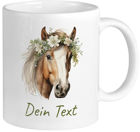 GRAZDesign Tasse Pferd Blumen mit Namen personalisiert, Namenstasse für Kinder und Erwachsene, Kaffeebecher Keramik 330ml