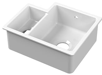 Balterley 549mm White Kitchen Sink, Right Hand Undermount Double Bowl with Overflow Hole, Durable Fireclay Ceramic Kitchen Sink Bowl, Undermount Sinks for Kitchens - 549 x 441 x 195mm (Glossy White)