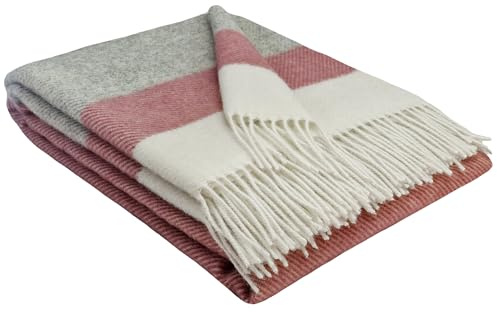 STTS International Wolldecke 100% Schurwolle Wohndecke in versch. Farben 140 x 200 cm Tagesdecke Schurwolldecke Woll-Plaid Tirol (Altrosa-Grau-Weiß (Streifen), 140 x 200 cm)