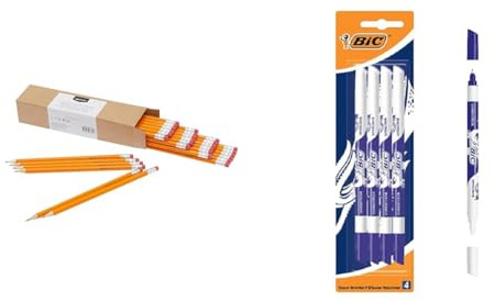 Amazon Basics - Holzgefasste Bleistifte, HB, vorgespitzt, 30er-Pack, orange & BIC Tintenkiller, 4 Stück, Tintenlöscher schmierfest, Ideal für das Büro, das Home Office oder die Schule