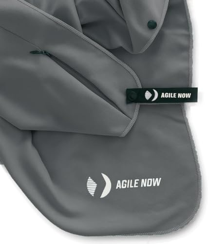 AGILE NOW Fitness Handtuch – Multifunktionales Mikrofaser Gym Handtuch mit Kapuze, Magnetclip und Reißverschlusstaschen, Sporthandtuch Fitnessstudio, Gym Zubehör GRAU