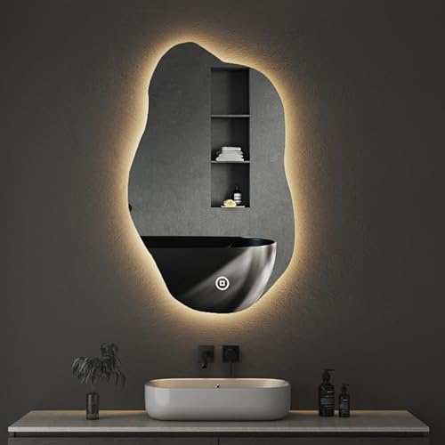 Boromal Asymmetrischer Spiegel mit Beleuchtung, Wandmontage, Badspiegel, 52 x 85 cm, LED Spiegel mit Licht, Touch-Schalter, Dimmbar, 3 Lichtfarben Einstellbar