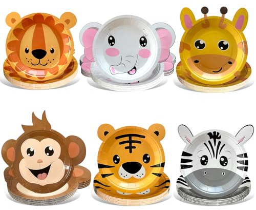 YumSur Lot de 60 assiettes jetables en carton sur le thème du safari de la jungle - Décorations de fête d'anniversaire pour enfants - Vaisselle animale - Assiettes de fête prénatale