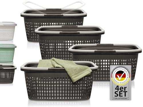 Hausfelder Wäschekorb Set, 4er Set, 58x37x25cm, Anthrazit-Schwarz | 4er Set, 58x37x25cm, BPA-frei, stapelbar, mit Henkel, Wäschekorb, Wäschesammler, Wäschetrenner, Wäschesortierer