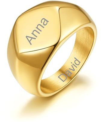 GoldChic Personalisierte Damen Fingerring Verlobungsring Gold mit Gravur Edelstahl Frauen Männer Siegelring Bandring 13mm breit Gold Paarring Hochzeitsring Ringgröße 62.1(20)