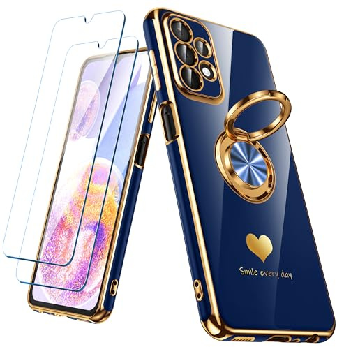 Nonional for Samsung Galaxy A23 5G/4G Case with 2 Pack Screen Protector, 360° Rotatable Ring Holder [Luxury Hearts Pattern] Plating Gold Edge Slim Soft Phone Cover Case for Galaxy A23 - Blue