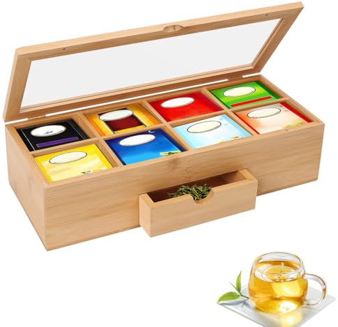 BlyeMichdi Bamboo Wooden Tea Box 8-Compartment Storage Box with Drawer,Tea Bag Organizer Tea Chest Container with Transparent Lid for Individual Tea Bag Storage,5.4 x 6.5 x 4in