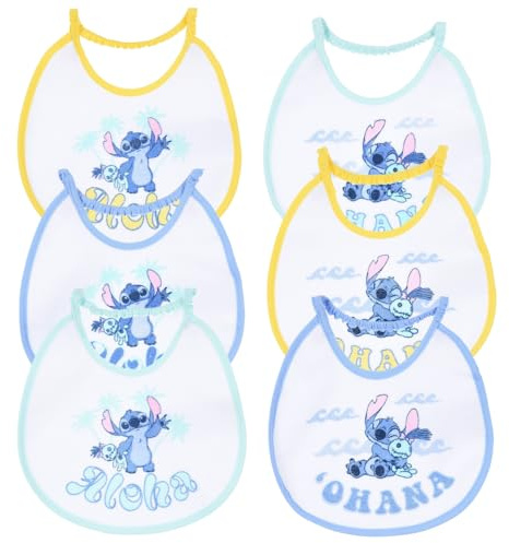 CARTOON Baberos Disney - Juego de 6 baberos de rizo con parte trasera plastificada, babero con cierre elástico, 18 x 18 cm, Stitch, 18 x 18 cm