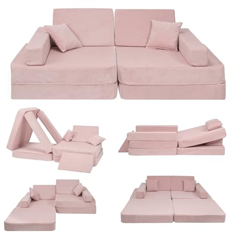 Angelove Kindersofa 2‑in‑1 - Spielsofa mit Schlaffunktion, Cord‑Bezug, Abnehmbarer Bezug, Puderrosa