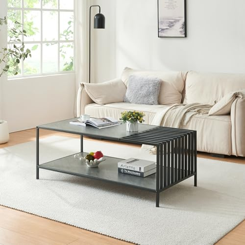 [en.casa] Soffbord Pärghos vardagsrumsbord 120 x 60 x 45 cm, rektangulärt soffbord med hylla, metallram, kaffebord, svart/betongutseende