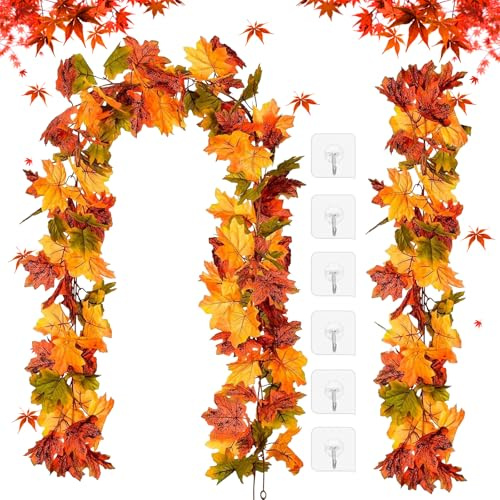 Künstliche Herbstgirlande, 2 Stück Herbst Girlande Ahornblätter, Ahornblatt Girlande Hängepflanze, Ahorn Blättergirlande Decor, Künstliche Herbst Ahorn Blätter Girlanden, für Tür, Garten, Kamin