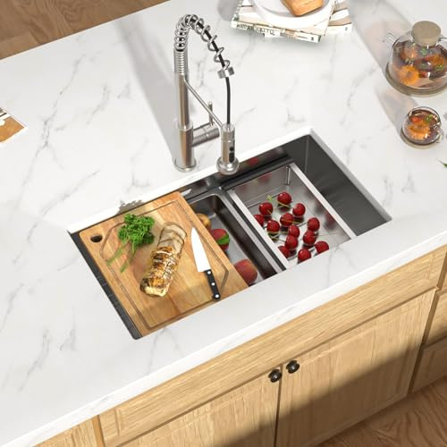 Talllor 28 Inch Undermount Workstation Kitchen Sink - 16 Gauge Stainless Steel Undermount Kitchen Sink Single Bowl Under Counter Sinks with Wash Basin & Accessories #TLU-0029