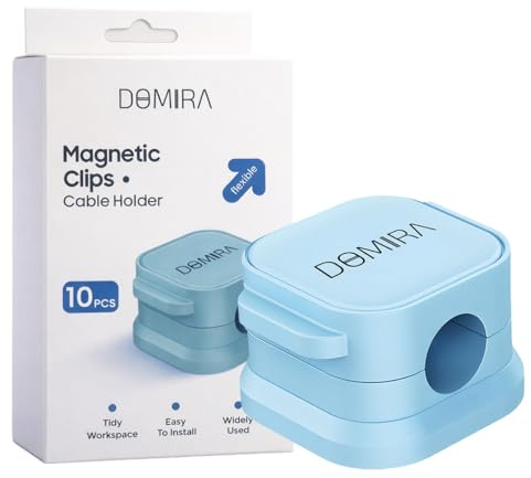 DOMIRA 10 Magnetic Cable Holder Clips – Desk Cable Tidy & Charger Cable Organiser – Magnetic Door Clip for Wire Management – 6 Colours – Self Adhesive Clip for Desk Cable Organizer (Blue)