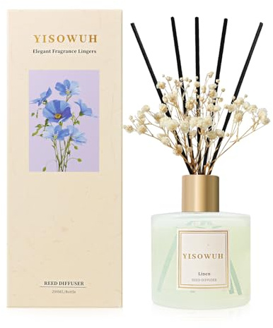 YISOWUH Raumduft Diffuser 200ml, Leinen Duft mit Weißen Gypsophila Trockenblumen und 8 Duftstäbchen, Langanhaltender Raumduft für Badezimmer, Schlafzimmer und Wohnzimmer Dekoration