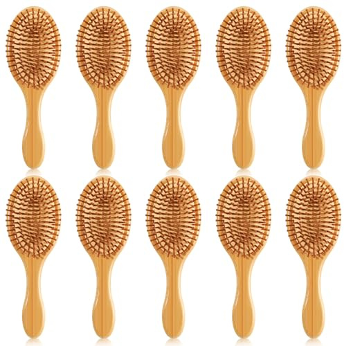 Molain 10 Pcs Bamboo Hair Brush, Bulk Natural Wooden Paddle Brush Bamboo Detangling Hairbrush Round-tipped Bamboos Bristles Lightweight Massage Scalp Hair Combs for All Hairs Types for Women Men