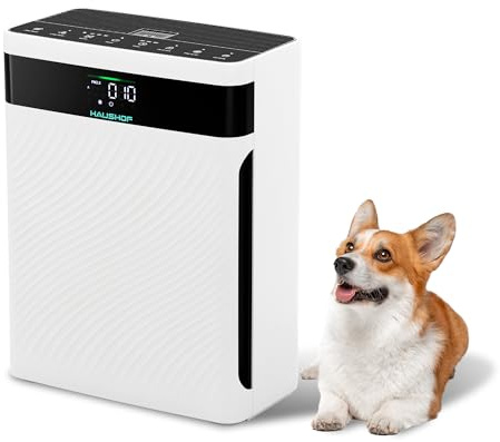 HAUSHOF Purificatore d'Aria con Filtro HEPA, Rimuove 99,97% di Polvere, Polline e Peli, CADR 250 m³/h, Display PM2.5, 30 dB, Aromaterapia, per Uffici e Casa.