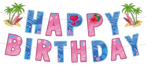 Cartoon Happy Birthday Banner Garland, Hawaiian Theme Blue and Pink Birthday Banner Pre-Strung Colorful Hawaiian Tropical Party Decorations for Party Baby Shower Decorations